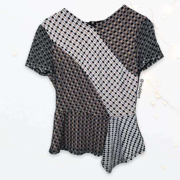 BCBGMAXAZRIA Color Block Eyelet Black & White Peplum Top - Picture 1 of 7
